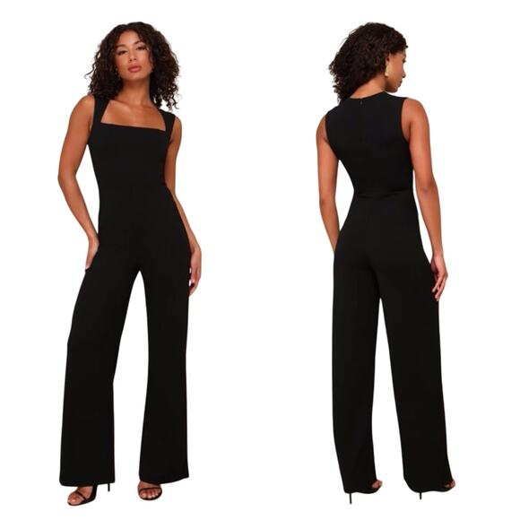 Lulus NEW Enticing Endeavors Black Jumpsuit XL Wide Leg Crepe Knit Square Neck - Picture 4 of 11